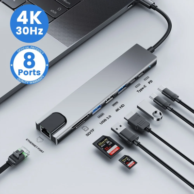 USB-C хаб 8в1 с HDMI 4K, RJ45, картридером SD/TF и быстрой зарядкой
