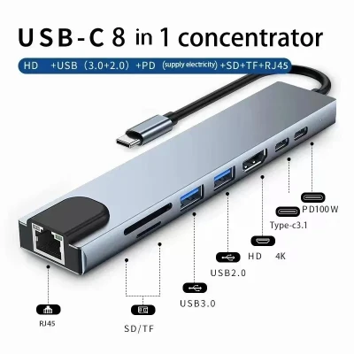 USB-C Hub 8в1 с 4K HDMI, RJ45, картридером и быстрой зарядкой